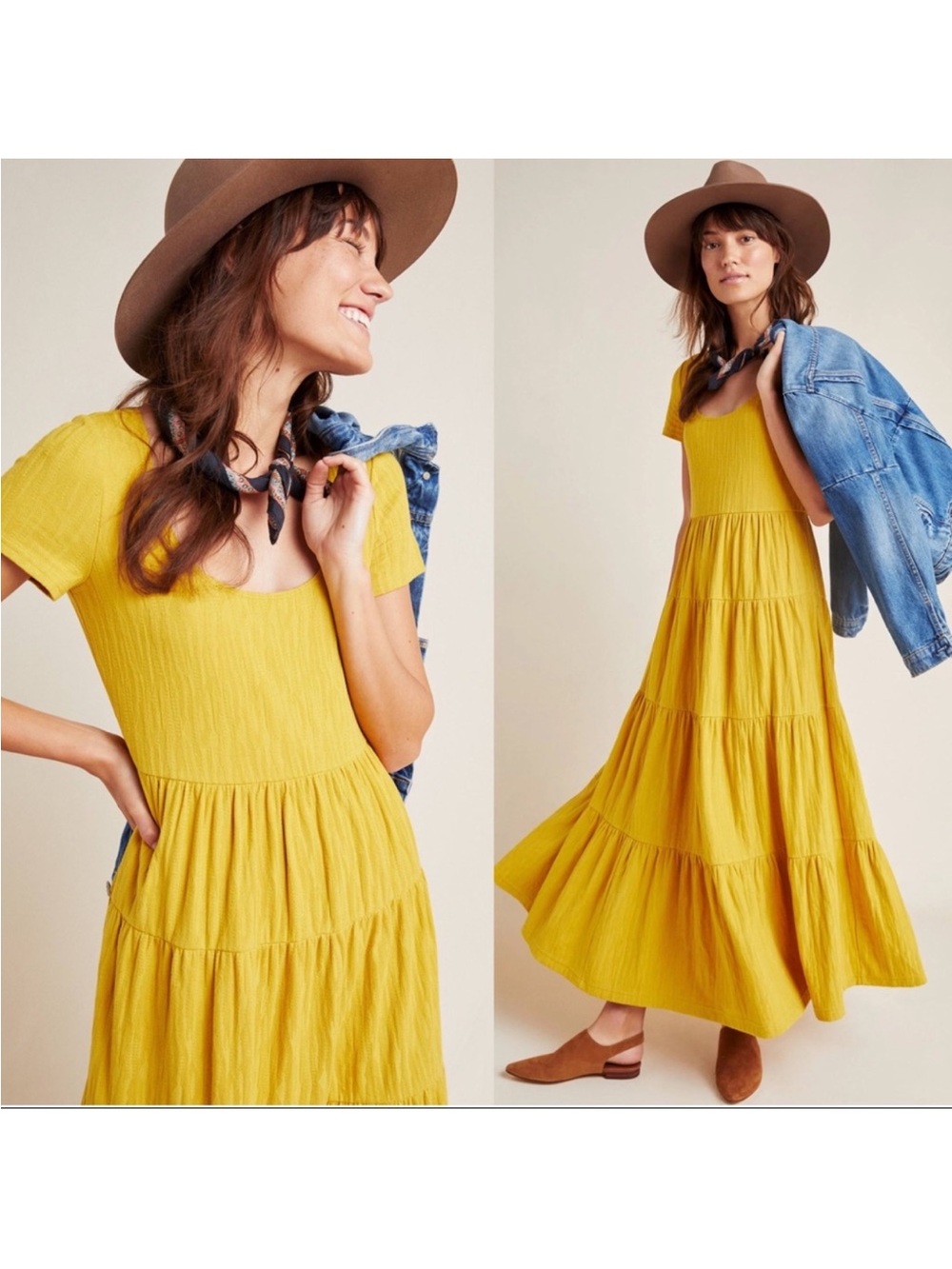 Maeve • Anthropologie Gillian Tiered Maxi Dress Honey mustard yellow knit gold